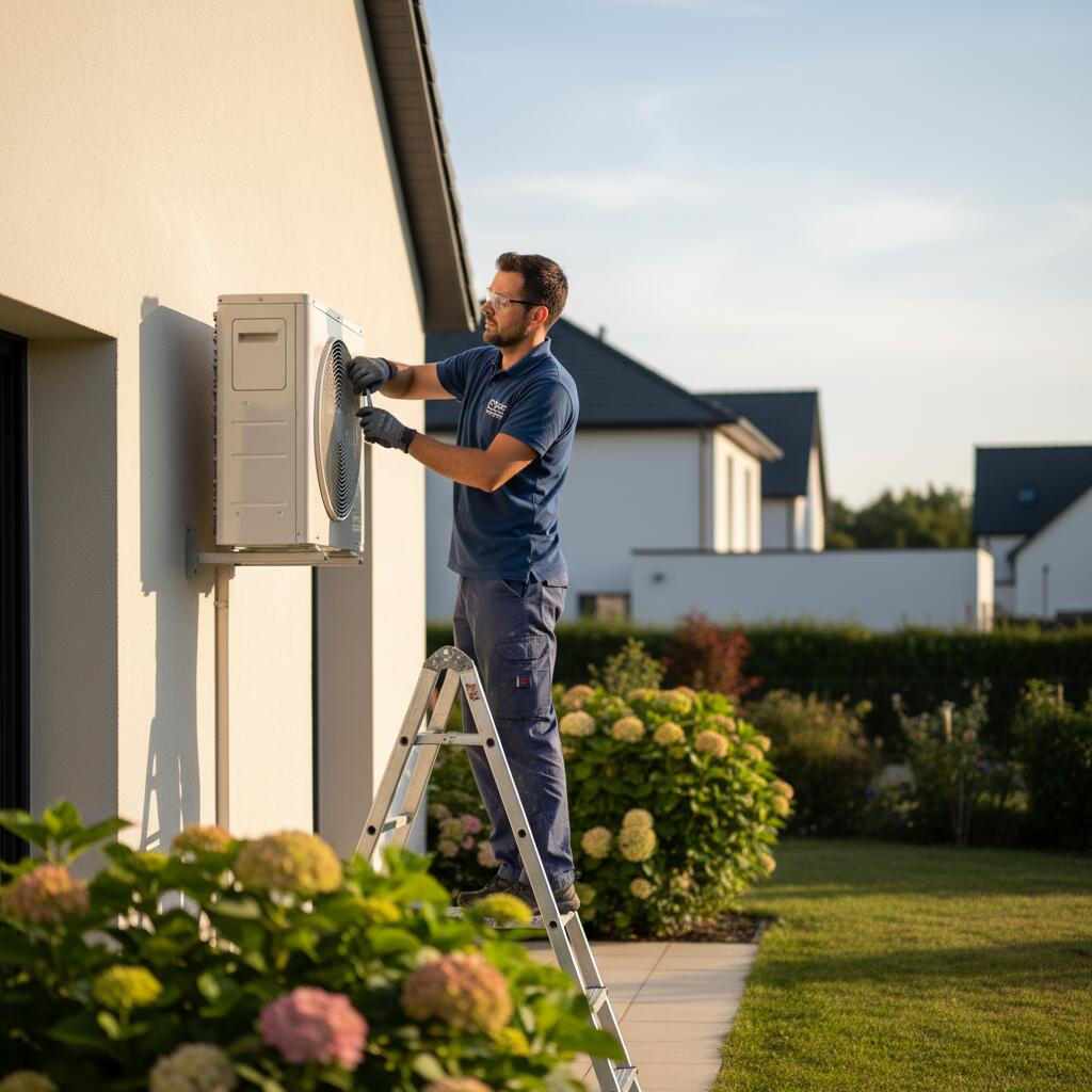 Technicien Sol Air Services installant une pompe a chaleur a Achères