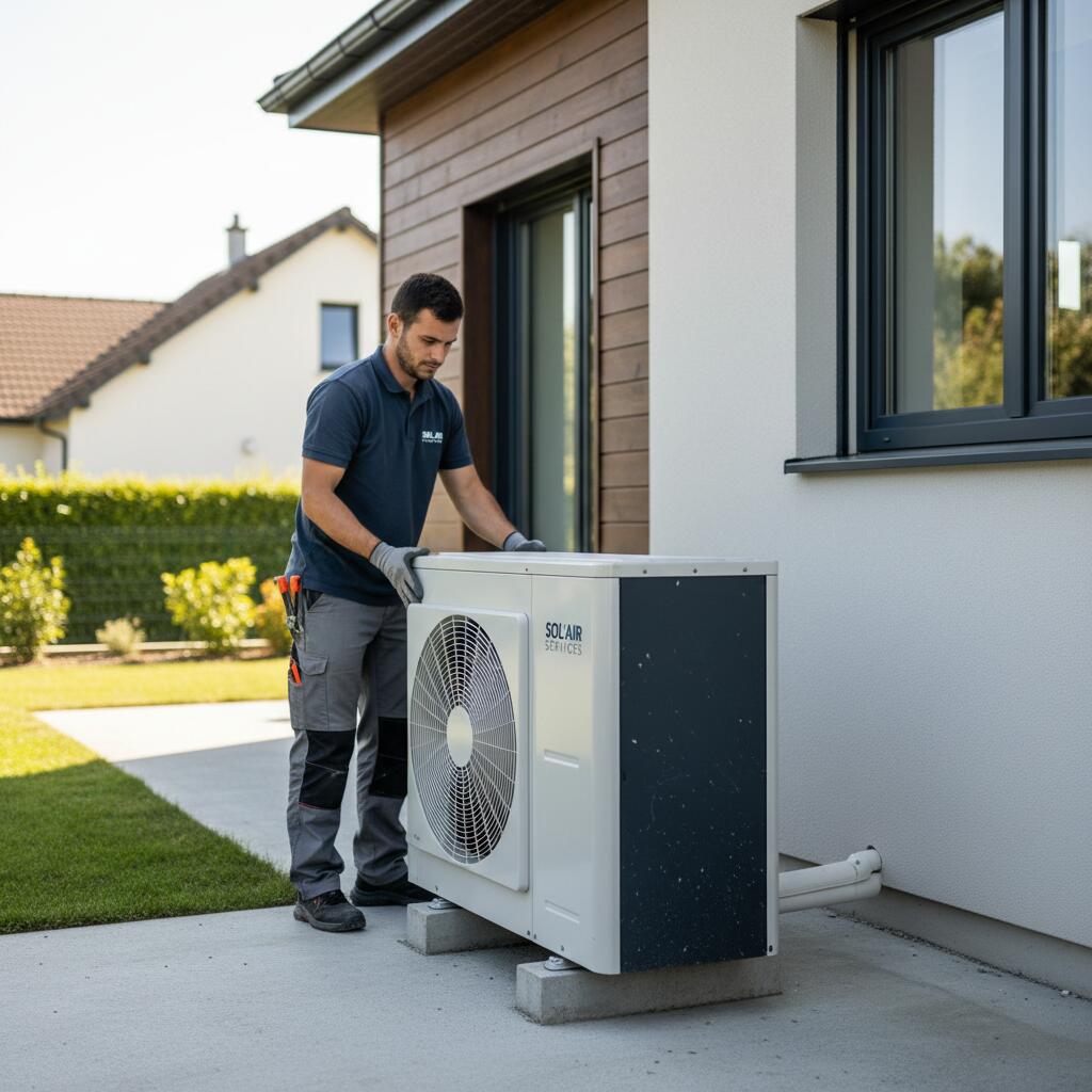 Technicien Sol Air Services installant une pompe a chaleur a Andrésy