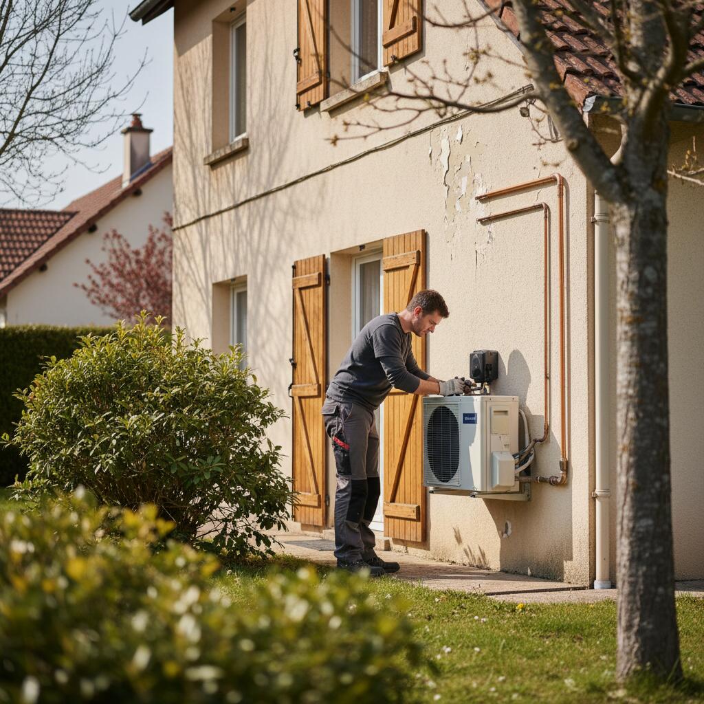 Technicien Sol Air Services installant une pompe a chaleur a Aubergenville
