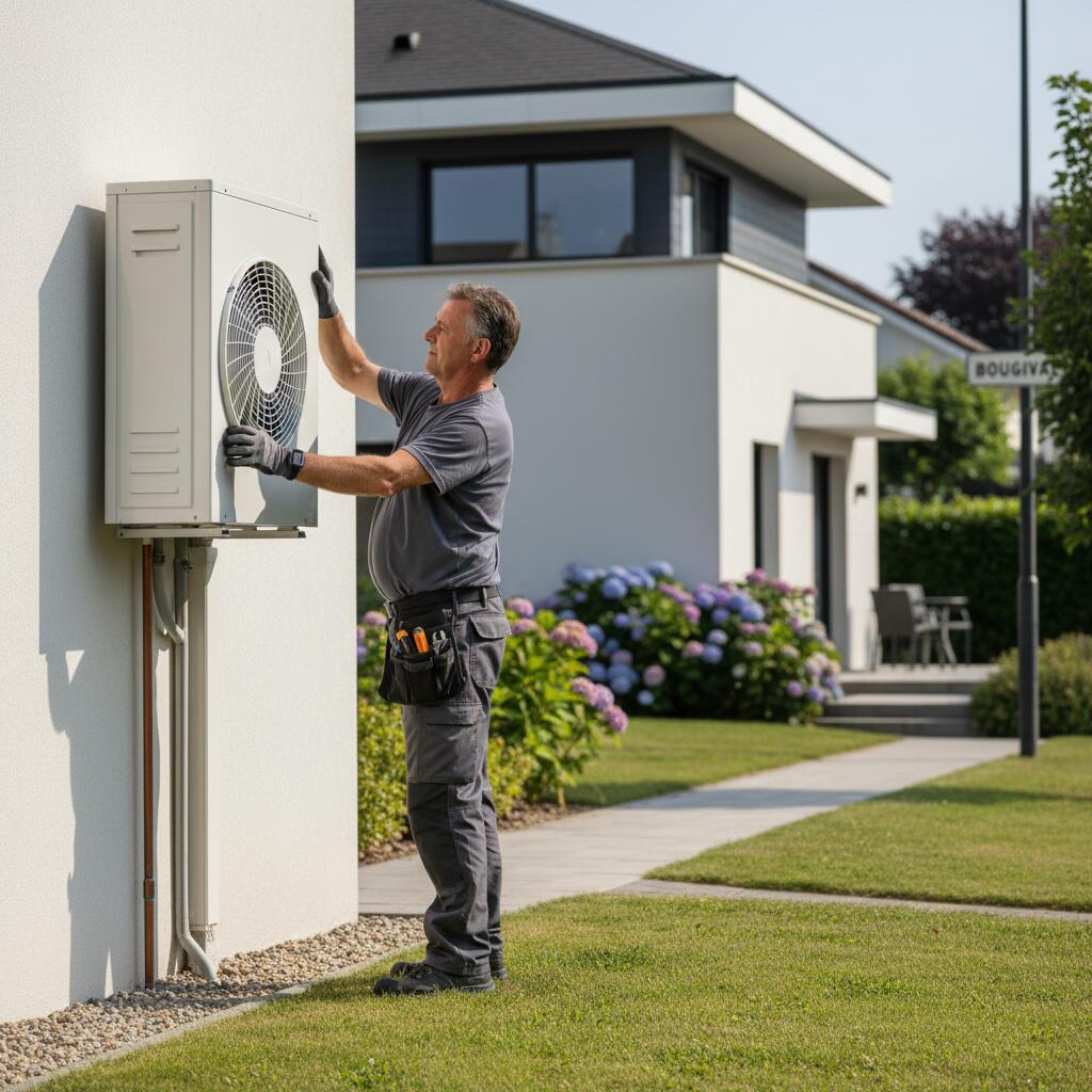 Technicien Sol Air Services installant une pompe a chaleur a Bougival