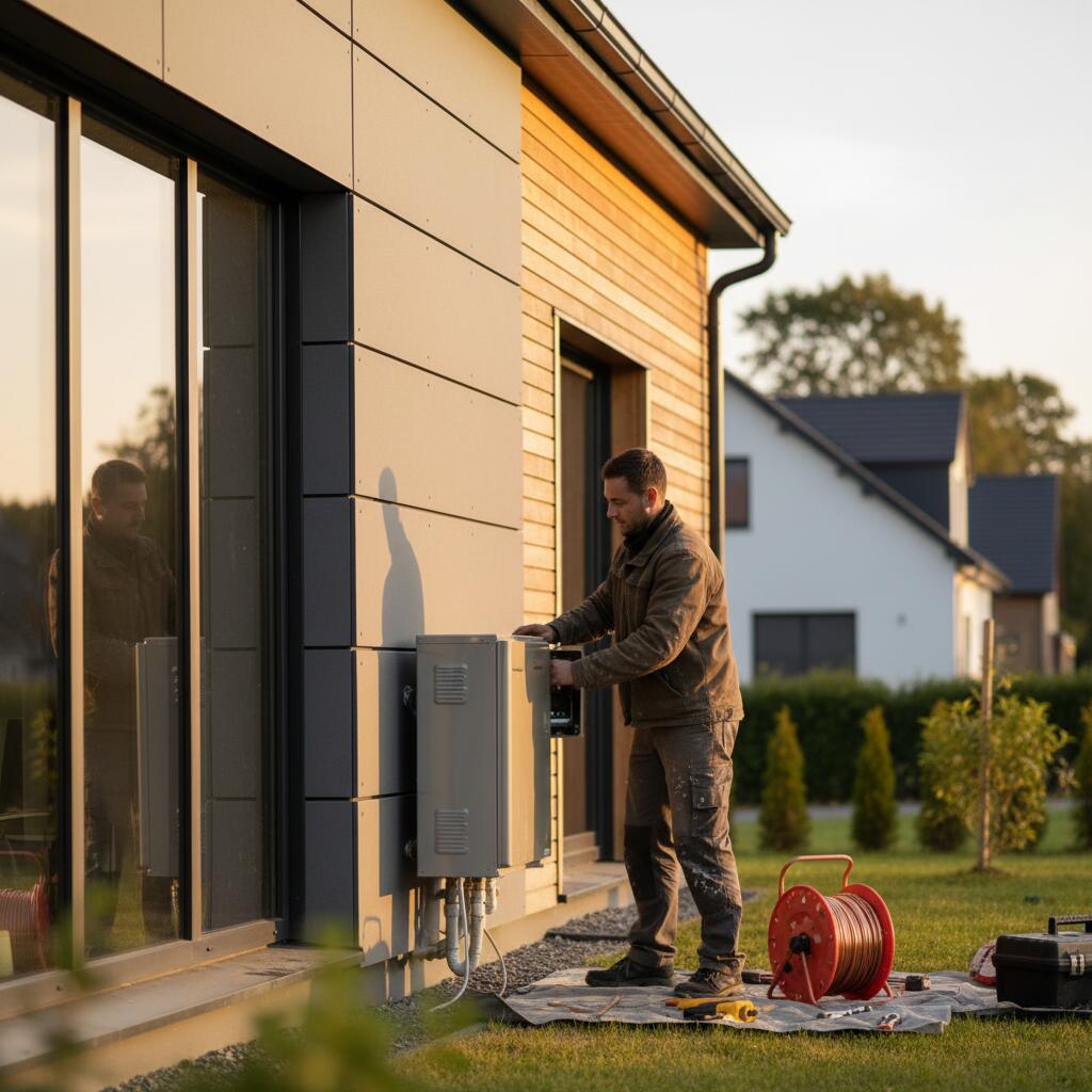 Technicien Sol Air Services installant une pompe a chaleur a Chanteloup-les-Vignes
