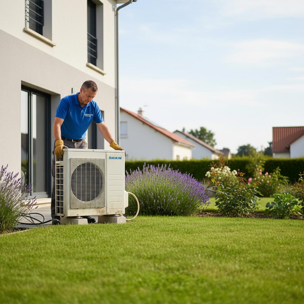 Technicien Sol Air Services installant une pompe a chaleur a Chatou