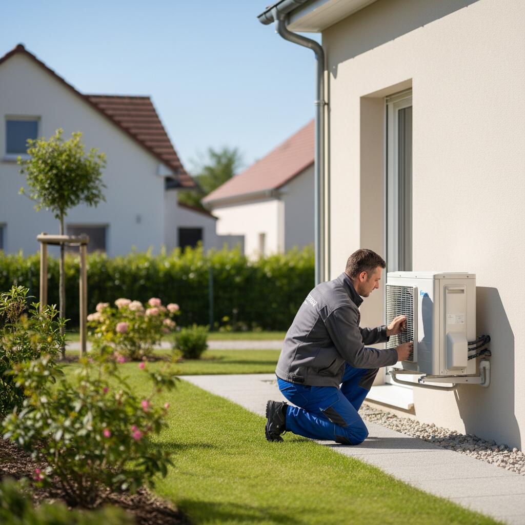 Technicien Sol Air Services installant une pompe a chaleur a Coignières