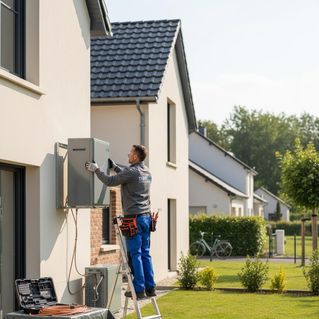 Technicien Sol Air Services installant une pompe a chaleur a Conflans-Sainte-Honorine