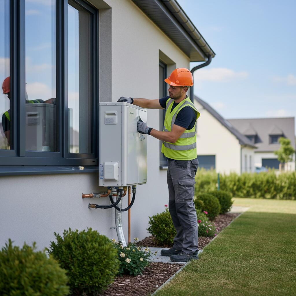 Technicien Sol Air Services installant une pompe a chaleur a Fontenay-le-Fleury