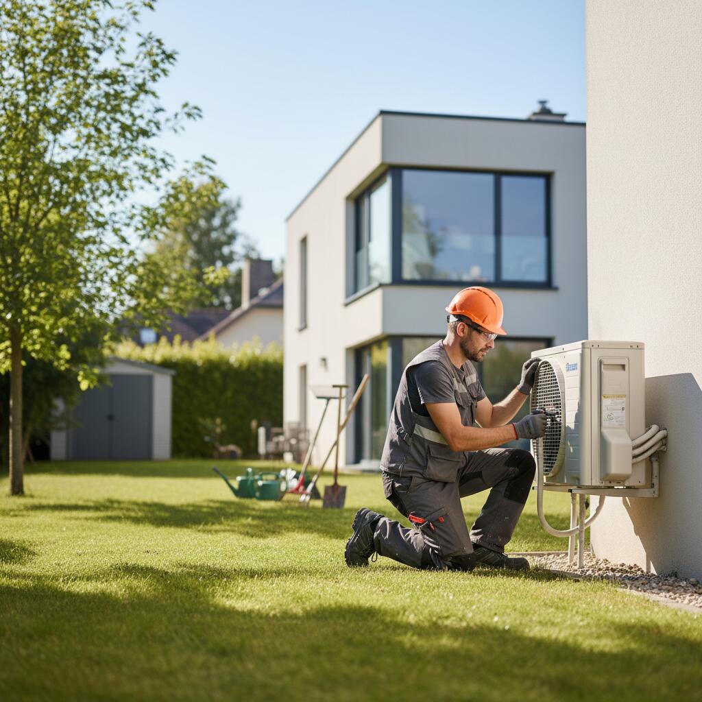 Technicien Sol Air Services installant une pompe a chaleur a Guyancourt