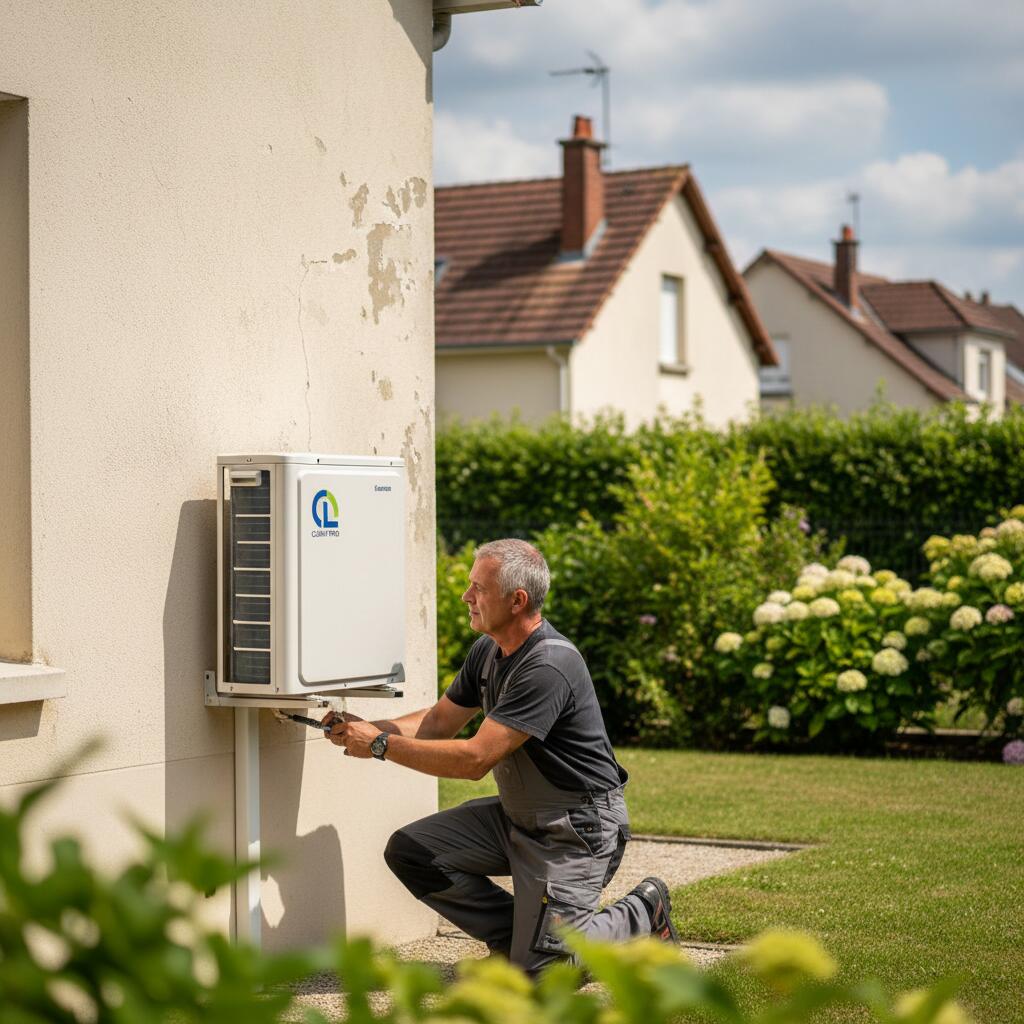 Technicien Sol Air Services installant une pompe a chaleur a Houilles