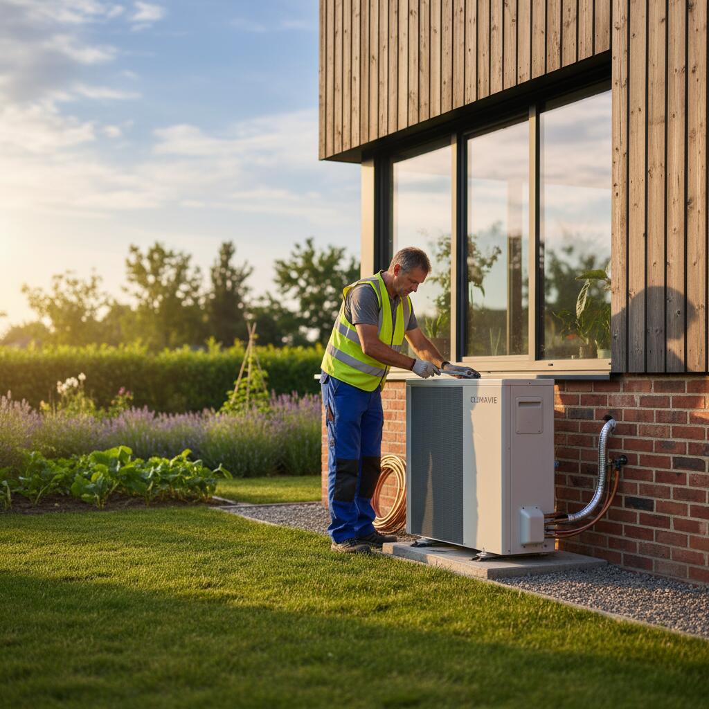 Technicien Sol Air Services installant une pompe a chaleur a Élancourt