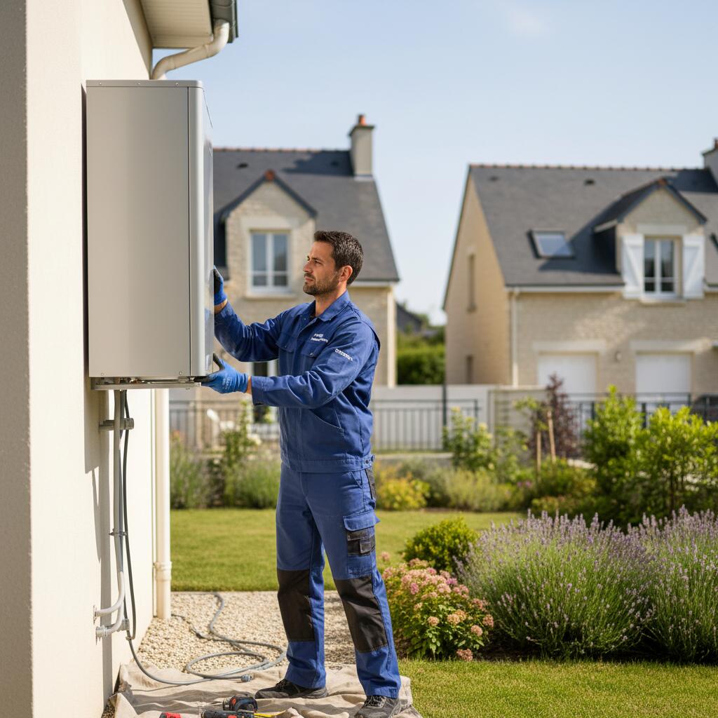 Technicien Sol Air Services installant une pompe a chaleur a Le Chesnay-Rocquencourt