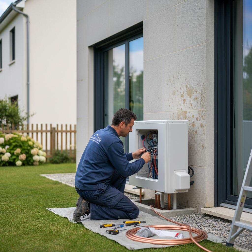 Technicien Sol Air Services installant une pompe a chaleur a Le Mesnil-Saint-Denis