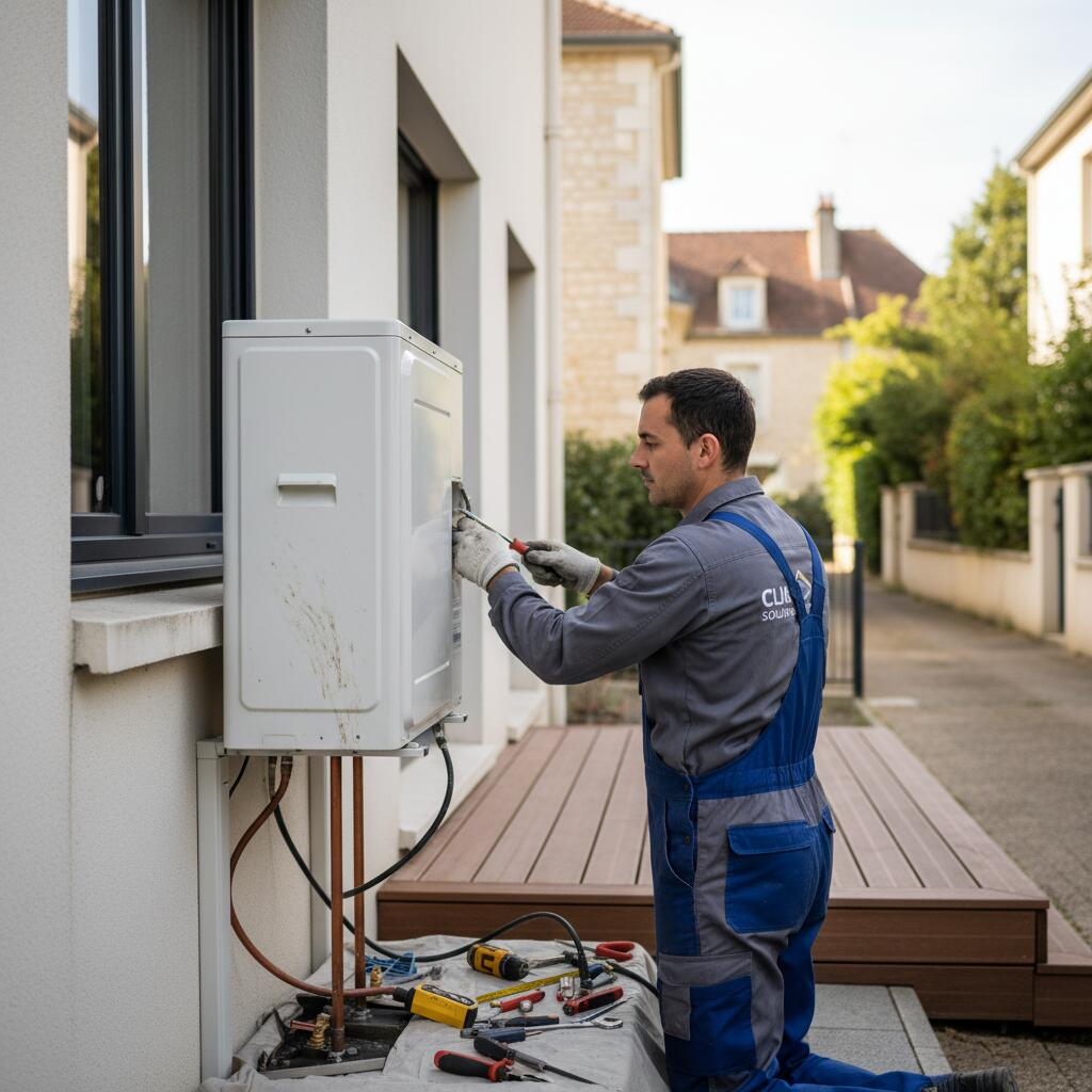 Technicien Sol Air Services installant une pompe a chaleur a Le Pecq