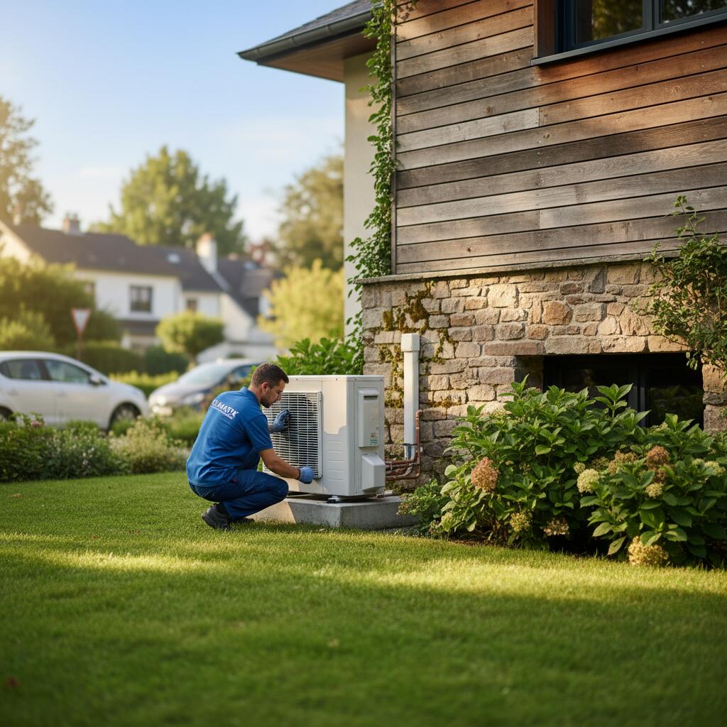 Technicien Sol Air Services installant une pompe a chaleur a Le Vésinet