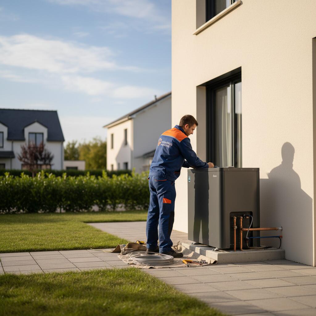 Technicien Sol Air Services installant une pompe a chaleur a Les Mureaux