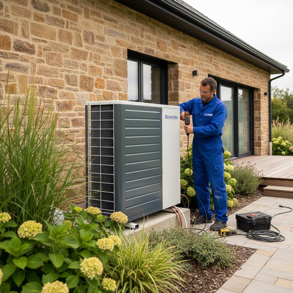 Technicien Sol Air Services installant une pompe a chaleur a Limay