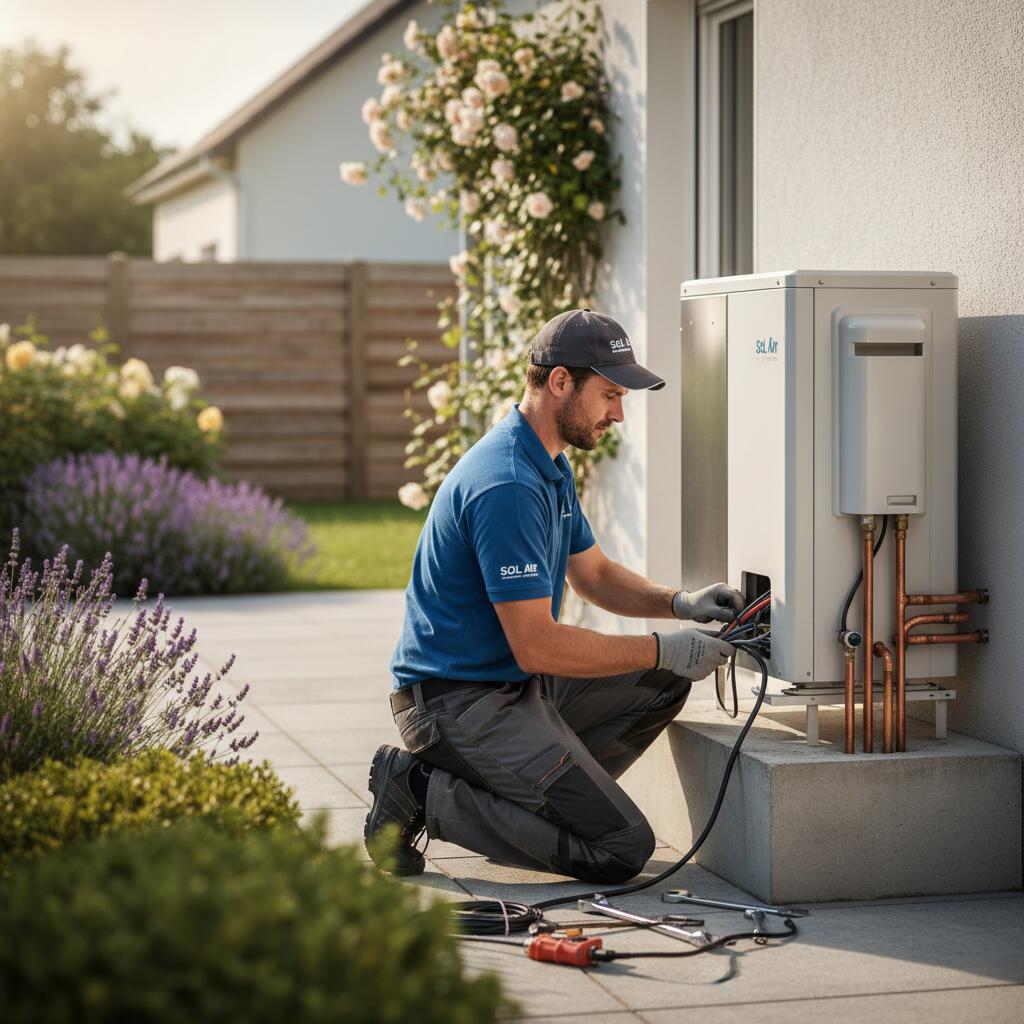 Technicien Sol Air Services installant une pompe a chaleur a Magny-les-Hameaux