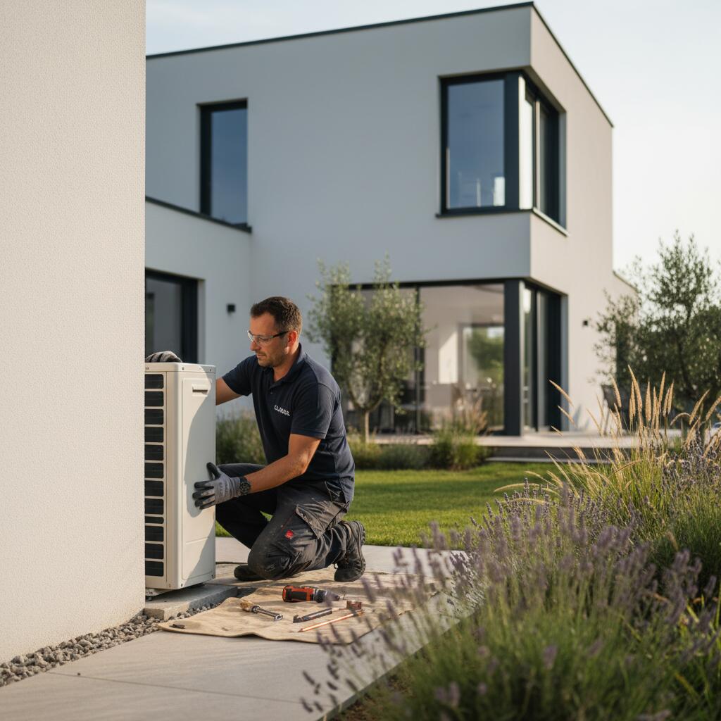 Technicien Sol Air Services installant une pompe a chaleur a Mantes-la-Jolie