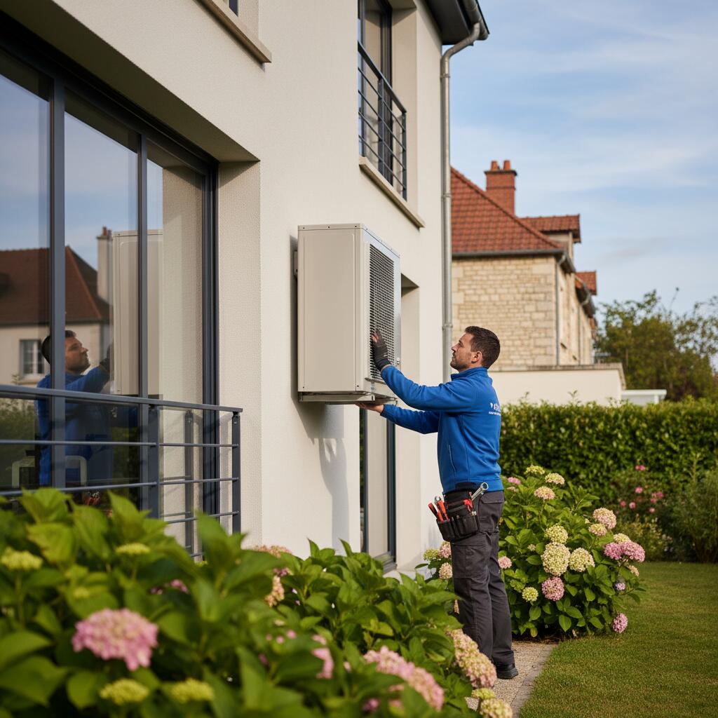 Technicien Sol Air Services installant une pompe a chaleur a Marly-le-Roi