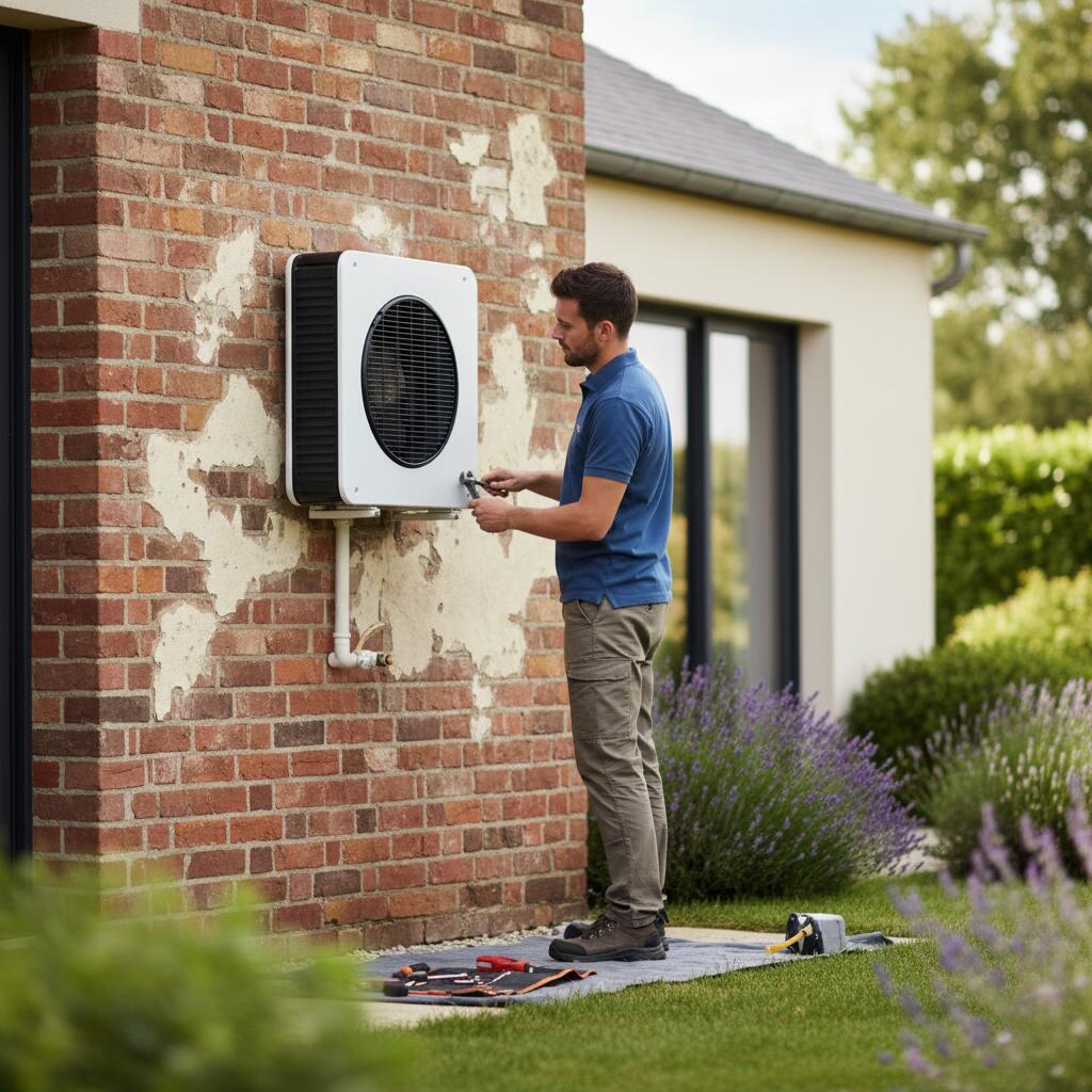 Technicien Sol Air Services installant une pompe a chaleur a Maule