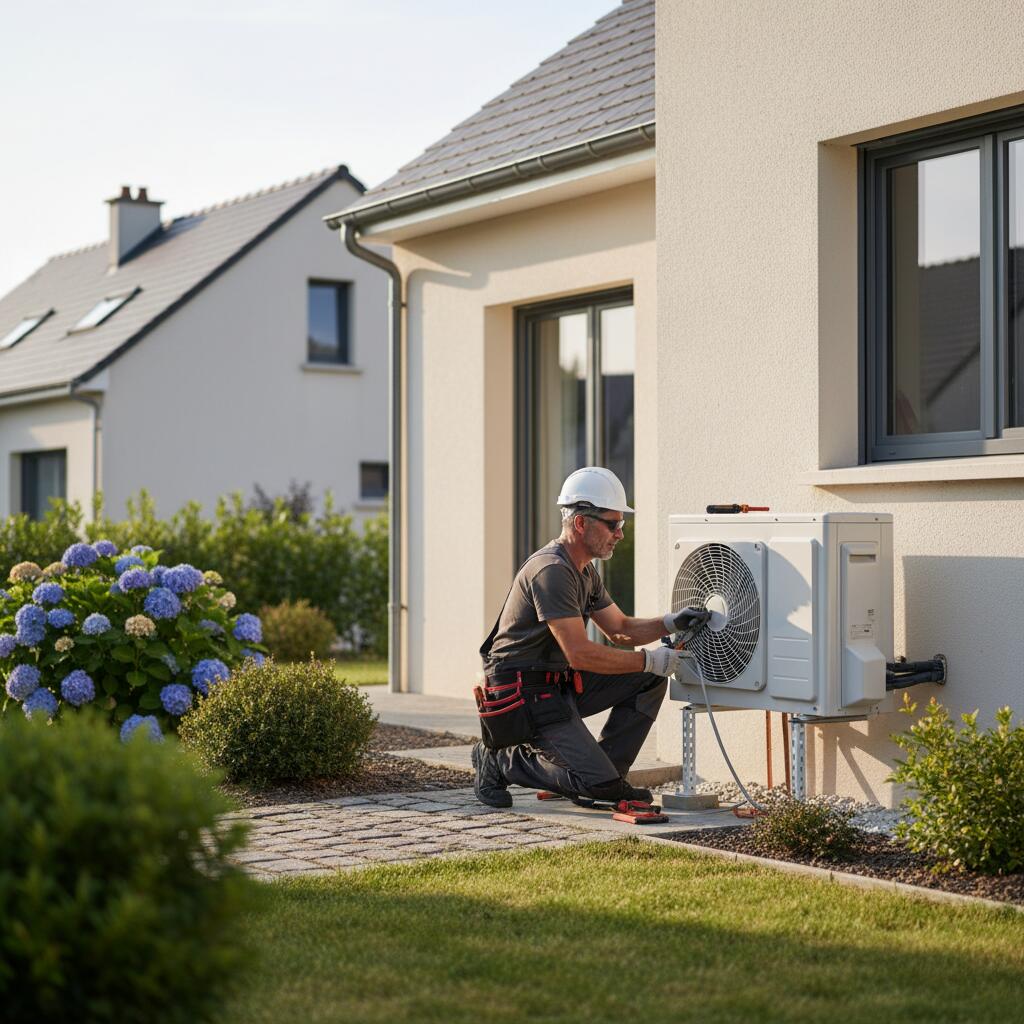 Technicien Sol Air Services installant une pompe a chaleur a Montigny-le-Bretonneux