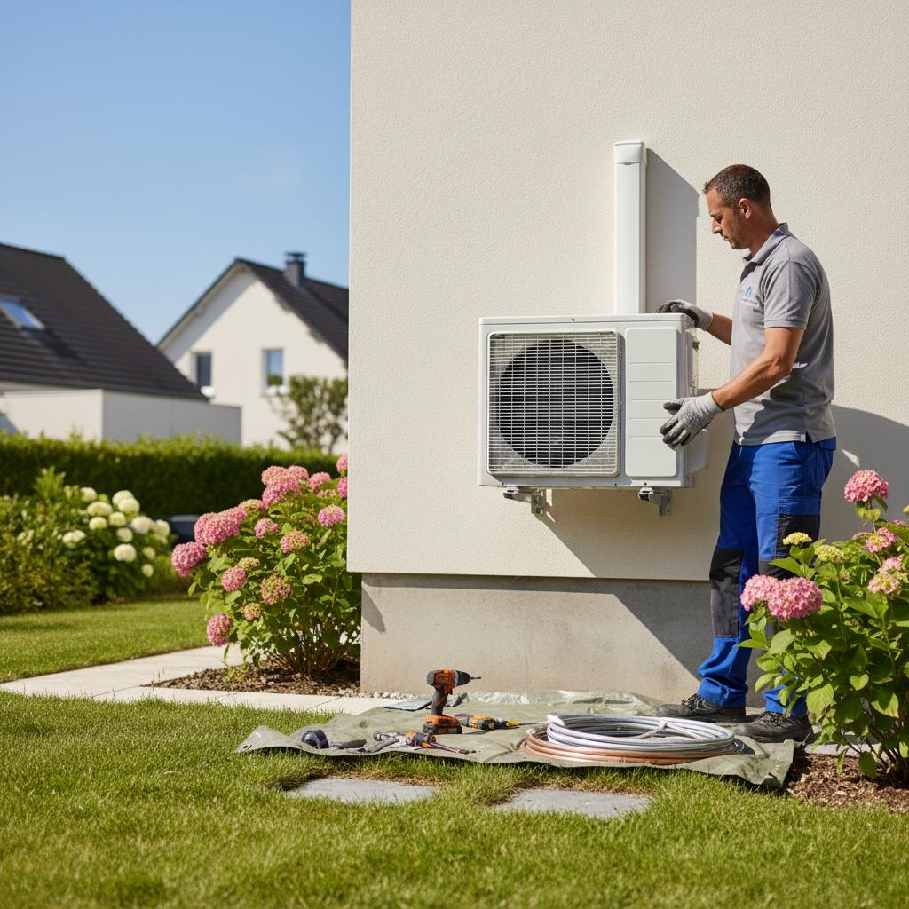 Technicien Sol Air Services installant une pompe a chaleur a Noisy-le-Roi