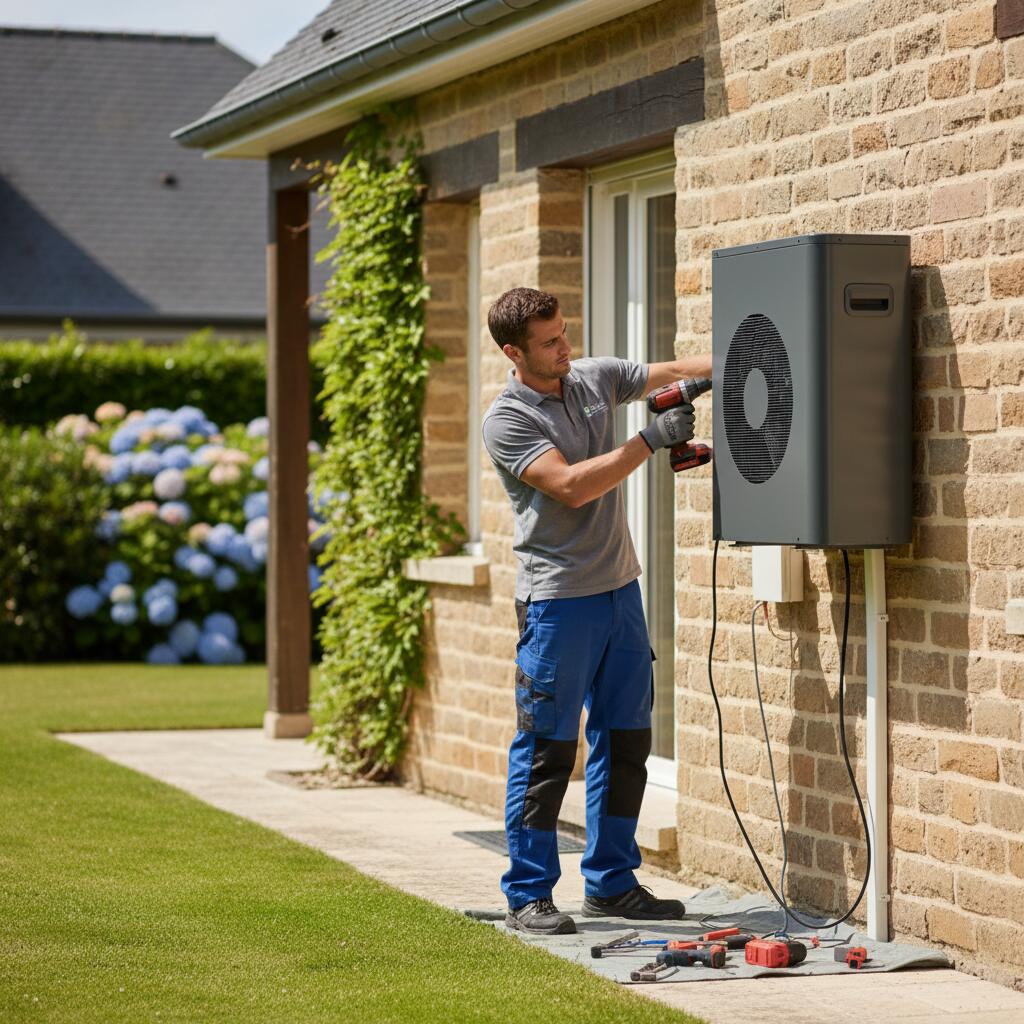 Technicien Sol Air Services installant une pompe a chaleur a Orgeval