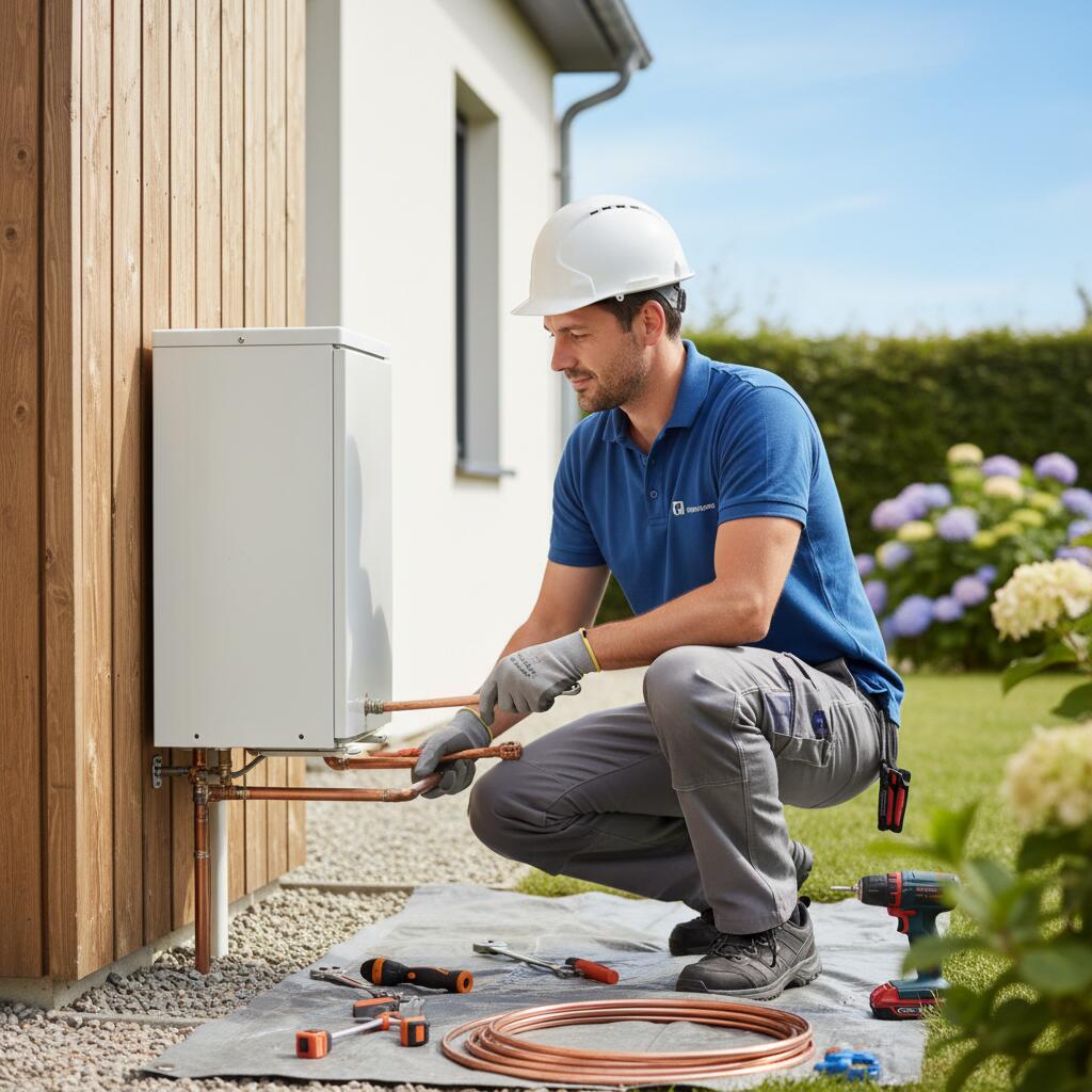 Technicien Sol Air Services installant une pompe a chaleur a Plaisir