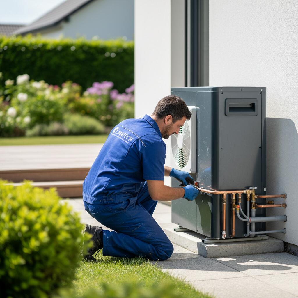 Technicien Sol Air Services installant une pompe a chaleur a Poissy