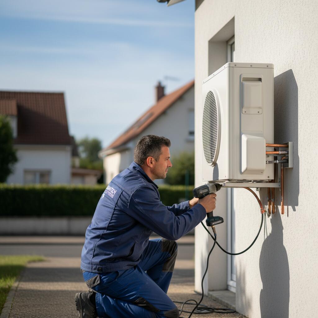 Technicien Sol Air Services installant une pompe a chaleur a Rambouillet