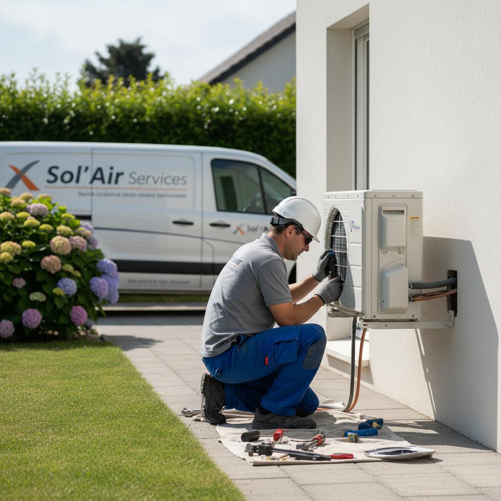 Technicien Sol Air Services installant une pompe a chaleur a Saint-Cyr-l'École
