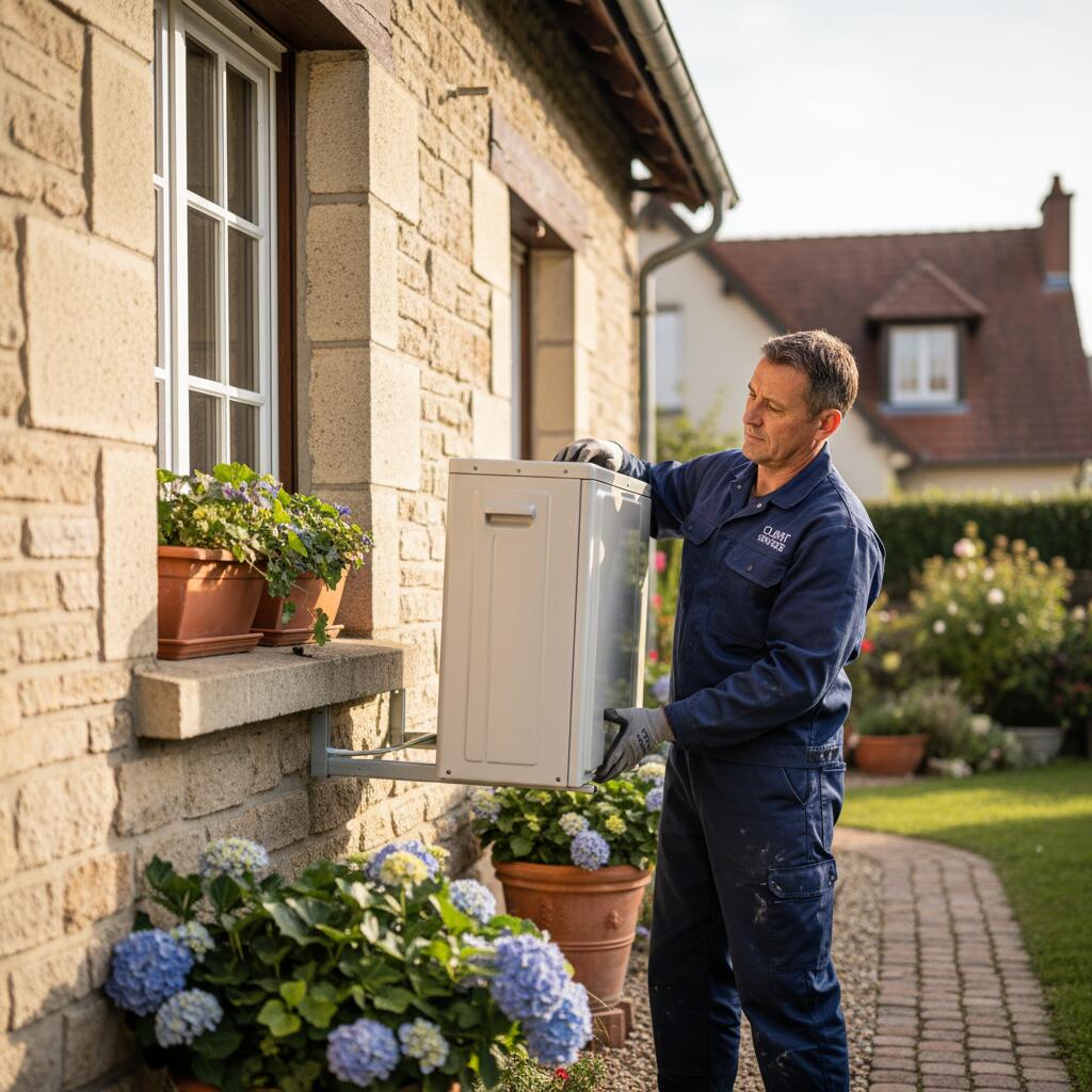 Technicien Sol Air Services installant une pompe a chaleur a Saint-Germain-en-Laye
