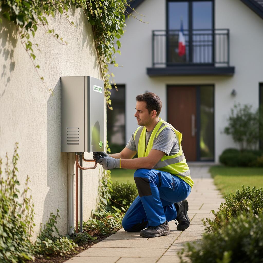 Technicien Sol Air Services installant une pompe a chaleur a Sartrouville