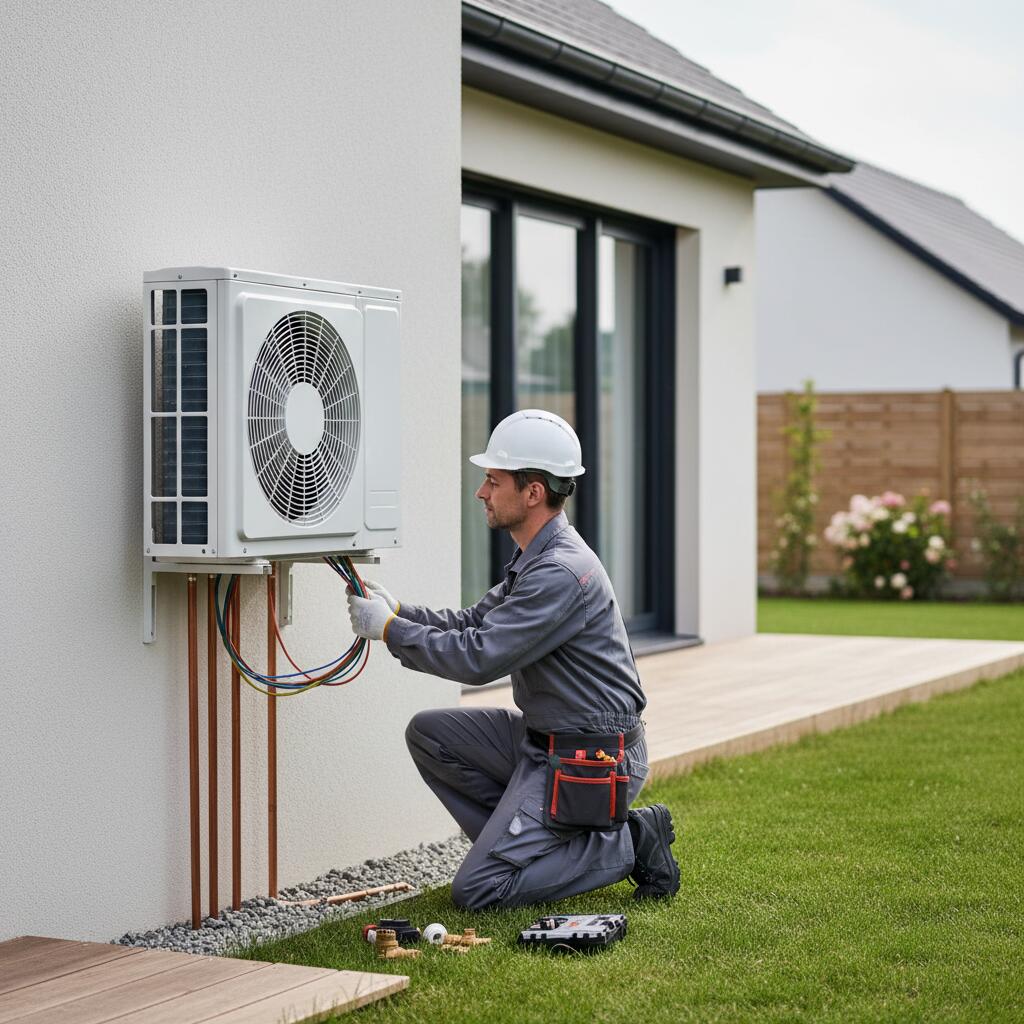 Technicien Sol Air Services installant une pompe a chaleur a Trappes