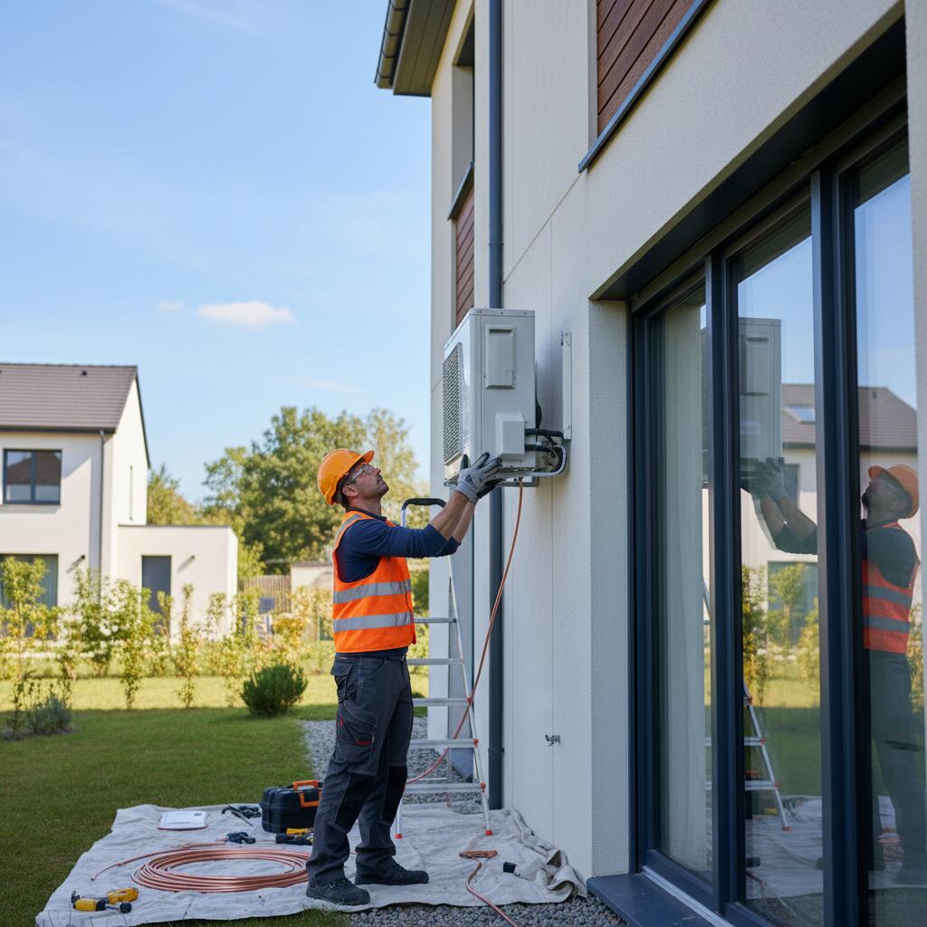 Technicien Sol Air Services installant une pompe a chaleur a Vélizy-Villacoublay
