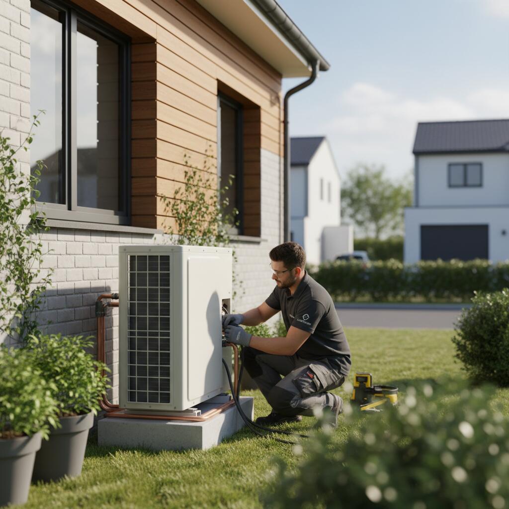 Technicien Sol Air Services installant une pompe a chaleur a Verneuil-sur-Seine