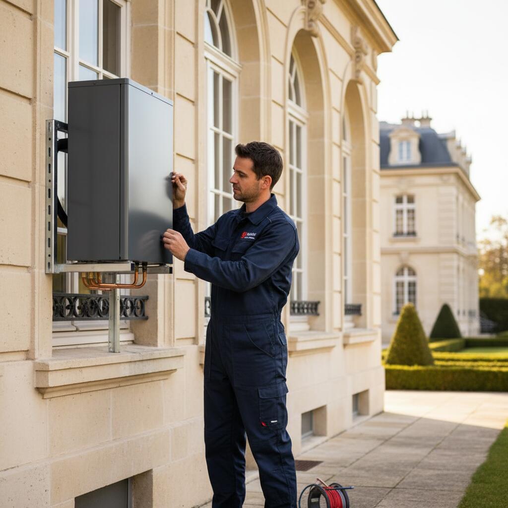 Technicien Sol Air Services installant une pompe a chaleur a Versailles