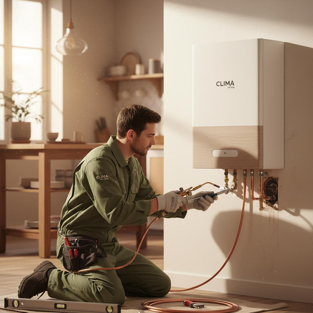 Technicien Sol Air Services installant une pompe a chaleur a Viroflay