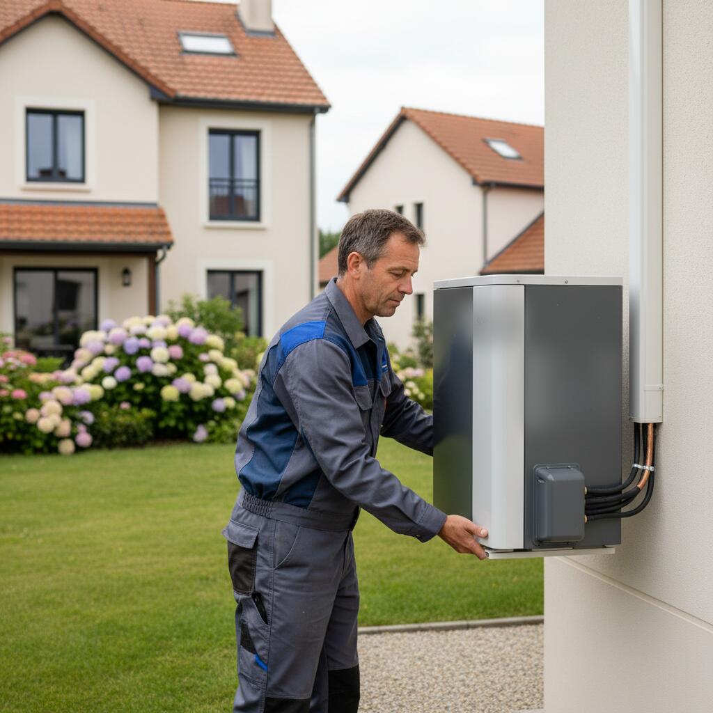Technicien Sol Air Services installant une pompe a chaleur a Voisins-le-Bretonneux